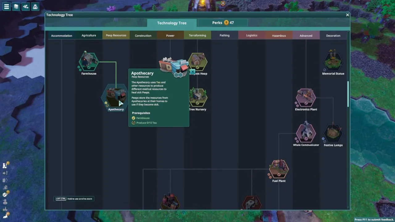 Beyond These Stars beginner tips: Technology Tree with the Apothecary Prerequisites tooltip open